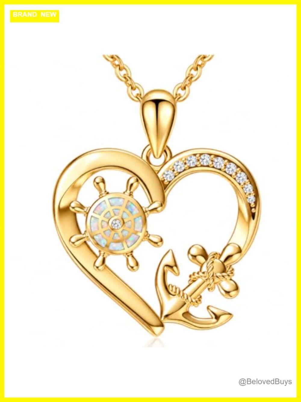 Anchor Helm Necklace White Opal Moonstone Crystal Pendant 14k Gold Tone 18in